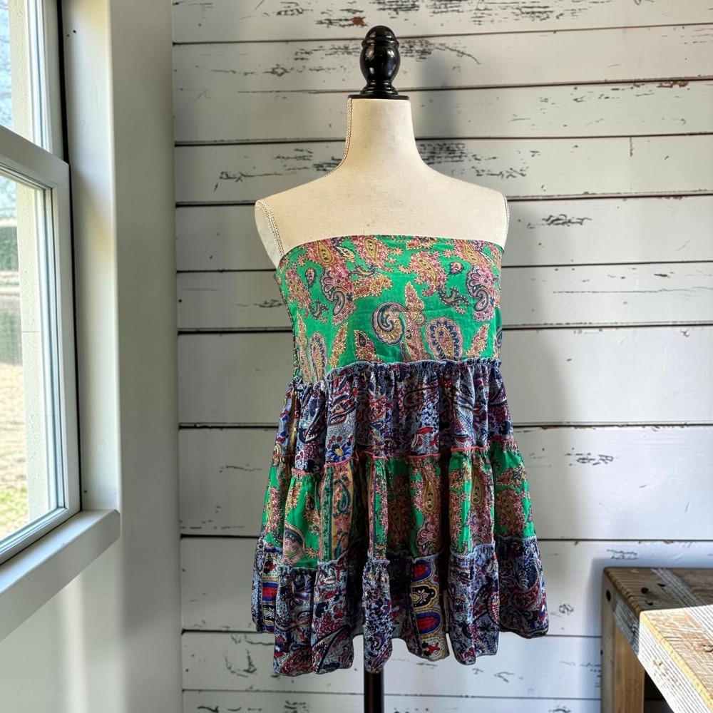 Vintage Boho Strapless Silk Top Green Purple Tiered Tunic Flowy Babydoll Peplum